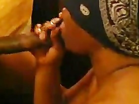 Blindfolded black wife gets cum on her mouth