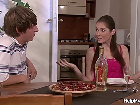 His young wife sucks and rides pizza-guy cock