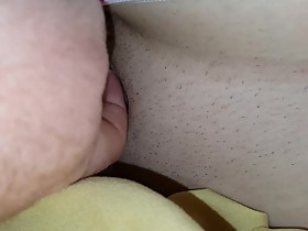Unaware wife's pussy, pullin down panties under the covers
